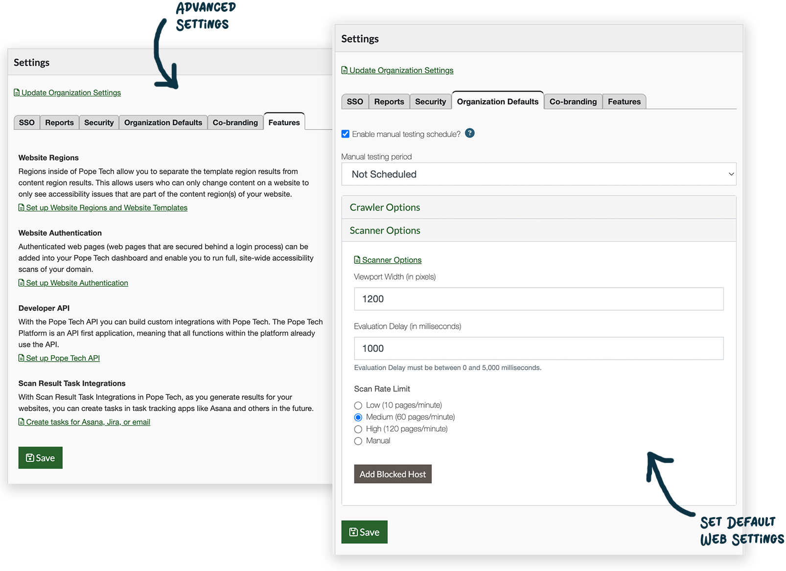 Screenshot of organization defaults and org feature settings