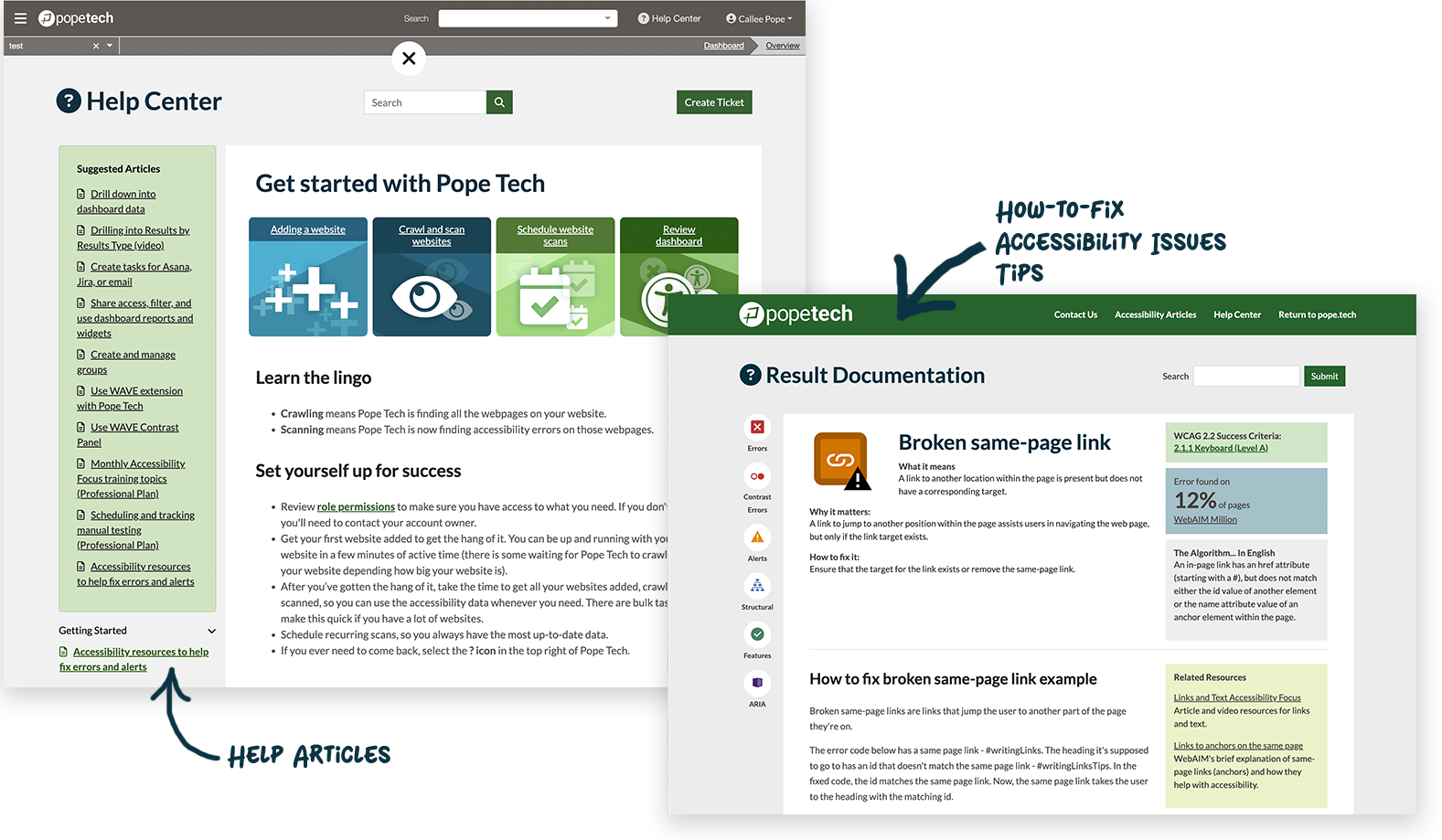 screenshot of help center and result documentation showing how to fix broken same-page link